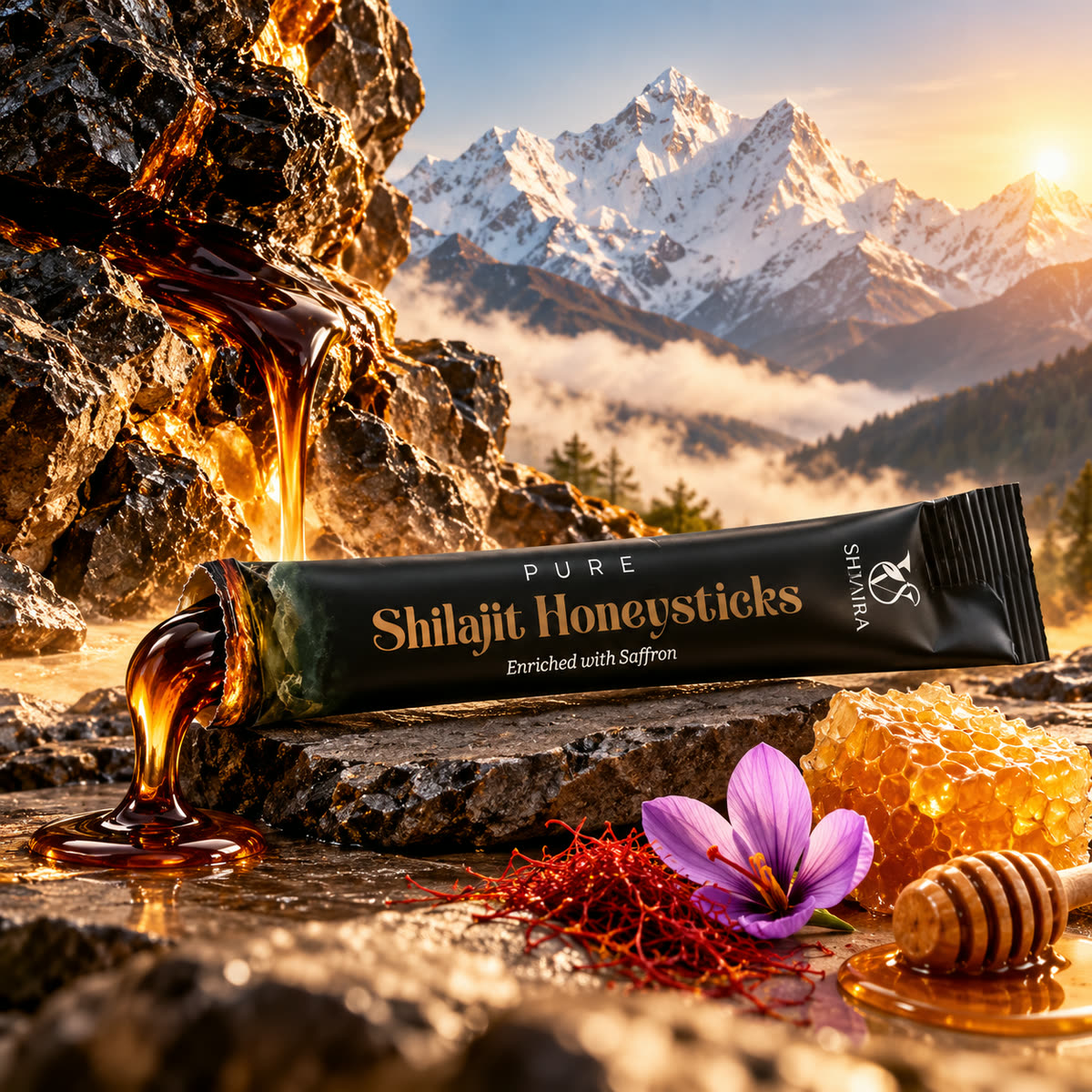 Shivvra shilajit honeystick torn open on a wet rock, thick shilajit honey pouring out, with saffron flower, threads and honeycomb in front of Himalayan peaks