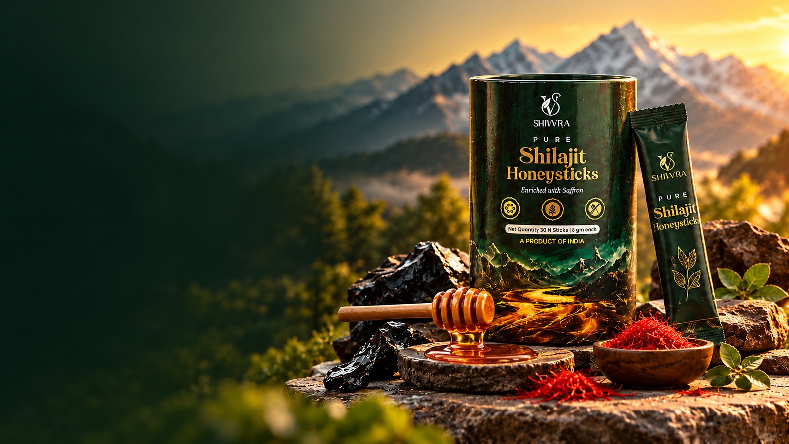 Shivvra Shilajit Honeysticks canister and stick with shilajit resin, honey and saffron on a Himalayan ledge at sunrise