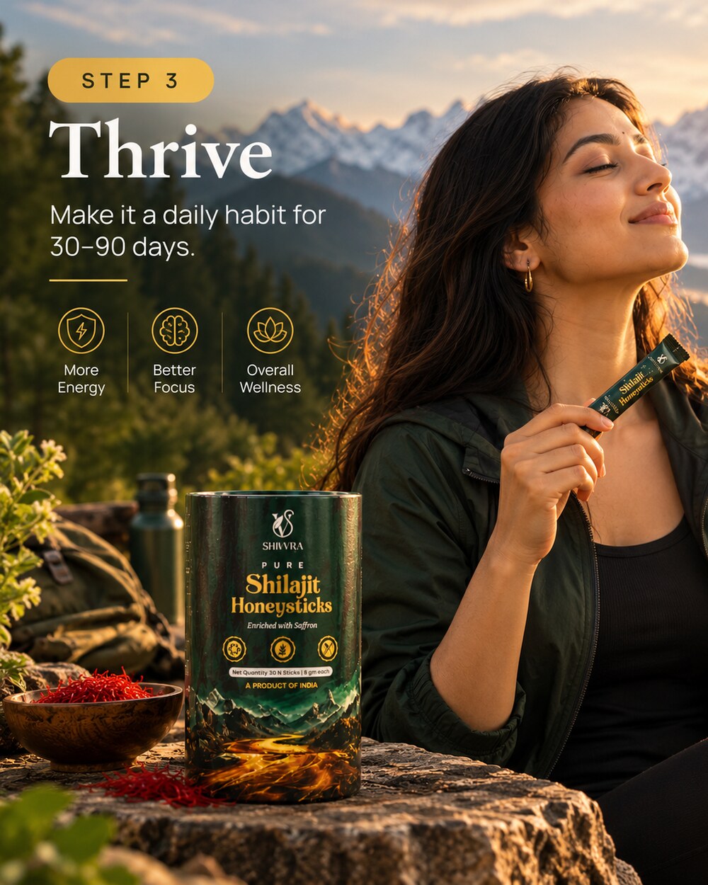 Woman holding a Shivvra honeystick on a Himalayan viewpoint at sunrise